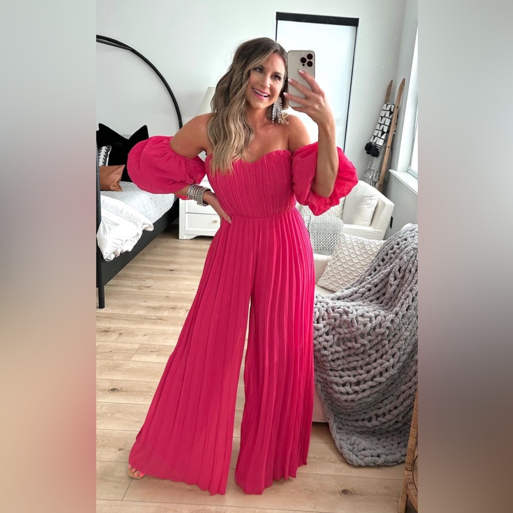 Boohoo occasion puff sleeve wide leg jumpsuit size 6 worn once